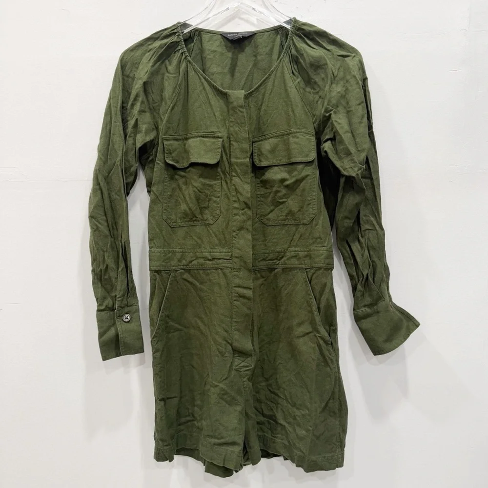 Banana Republic Linen Blend Utility Romper Green Long Sleeve Small Petite